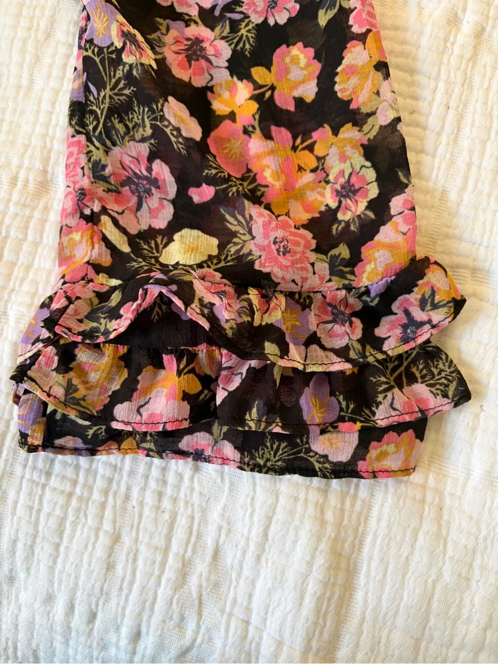 Free People Black Blouse with Pink, Purple & Yellow Floral Print Tie Front